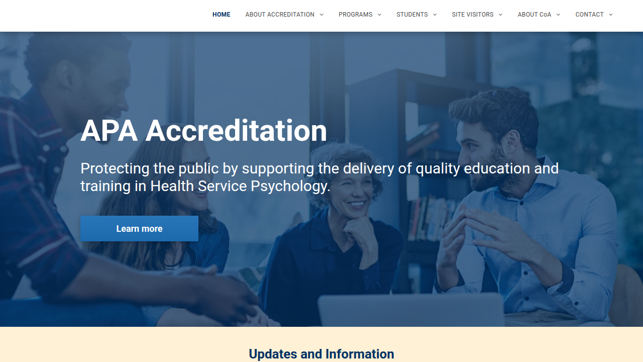 The homepage for APA Accreditation, detailing standards for psychology programs.