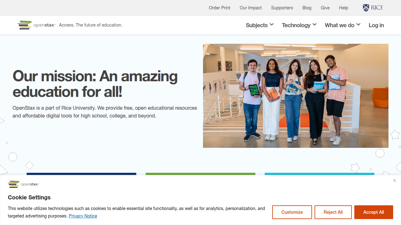 Screenshot of OpenStax, a leading provider of free, peer-reviewed open educational resources and college textbooks.