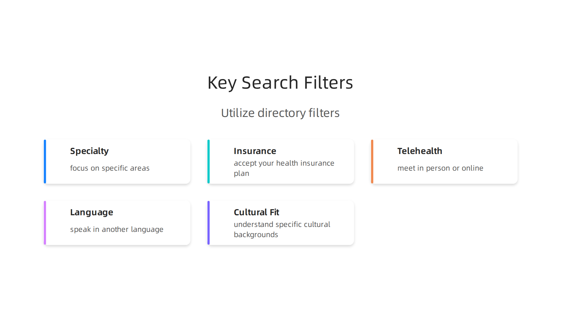 Utilize online directory filters to narrow down your therapist search based on specific preferences and needs.