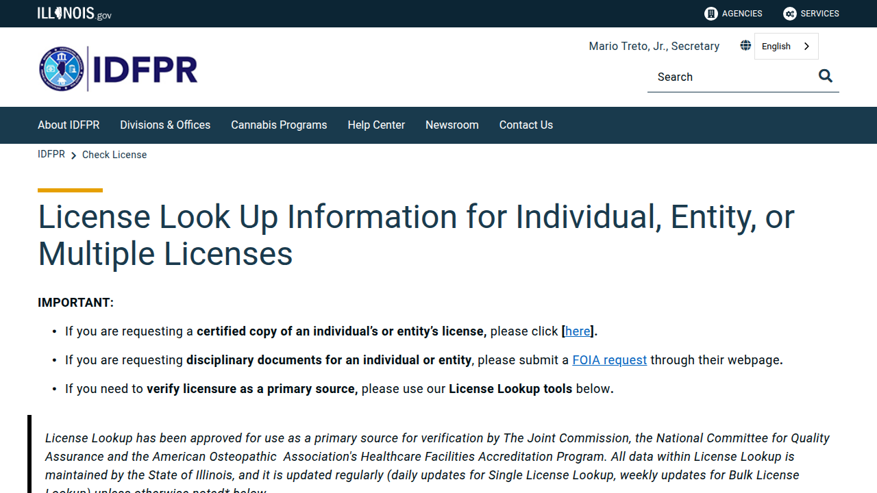 Confirm a therapist's active and valid license status through the IDFPR's online check license tool.