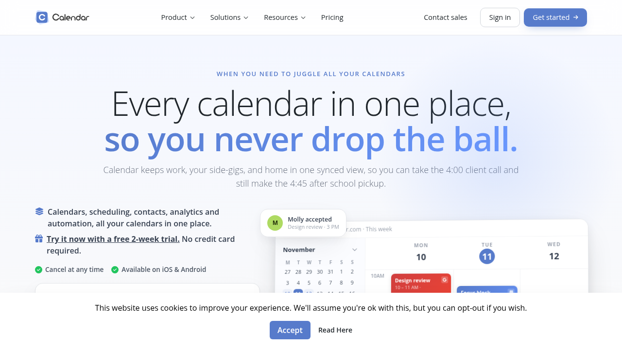 Homepage of Calendar.com, a platform for schedule management.
