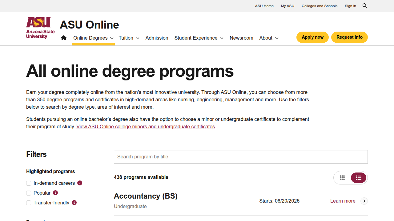 A glimpse into the wide variety of undergraduate and graduate degree programs available through ASU Online.