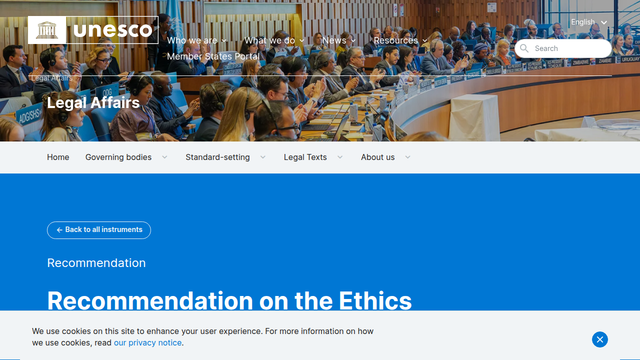UNESCO's website, highlighting their recommendations on the ethics of artificial intelligence.